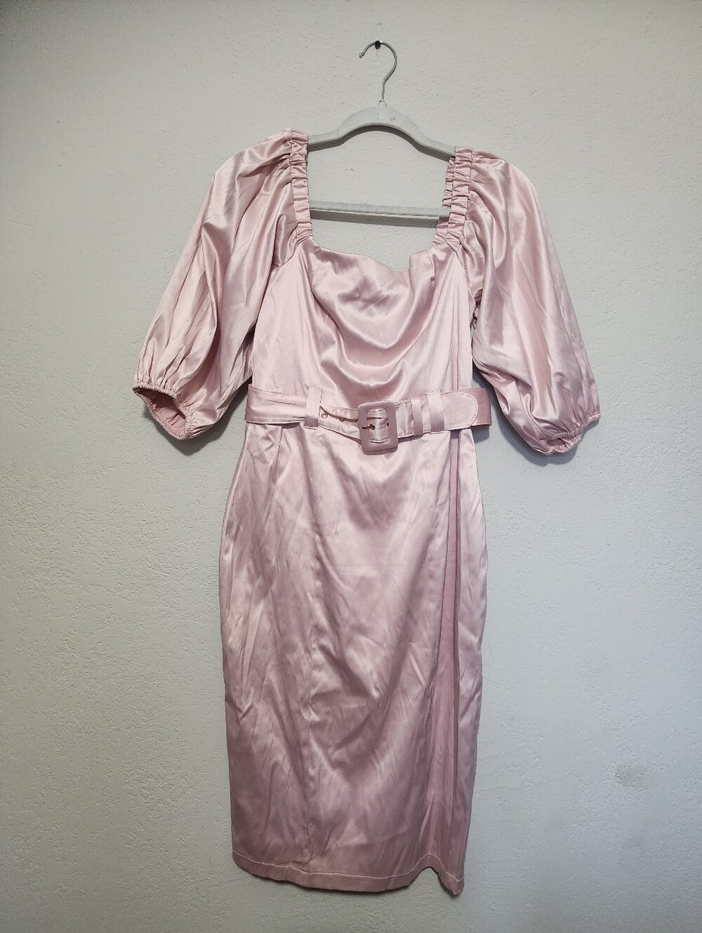 Satin Blush-Pink Midi Dress with Puff Sleeves and Belt